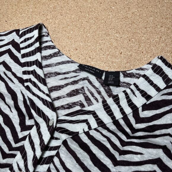 Tahari size M button front top 100% linen brown zebra print short sleeve A2 - Picture 2 of 6